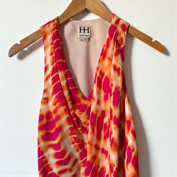 Haute Hippie Cowl Neck Asymmetrical Silk Blouse Tunic Pink Orange Tie Dye Boho - Picture 3 of 15